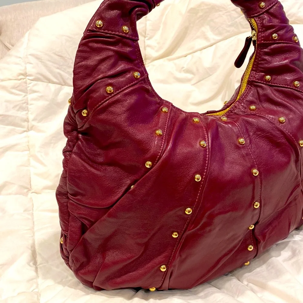 GOLDENBLEU burgundy leather purse 👛 semi circular bag with gold tone stud over